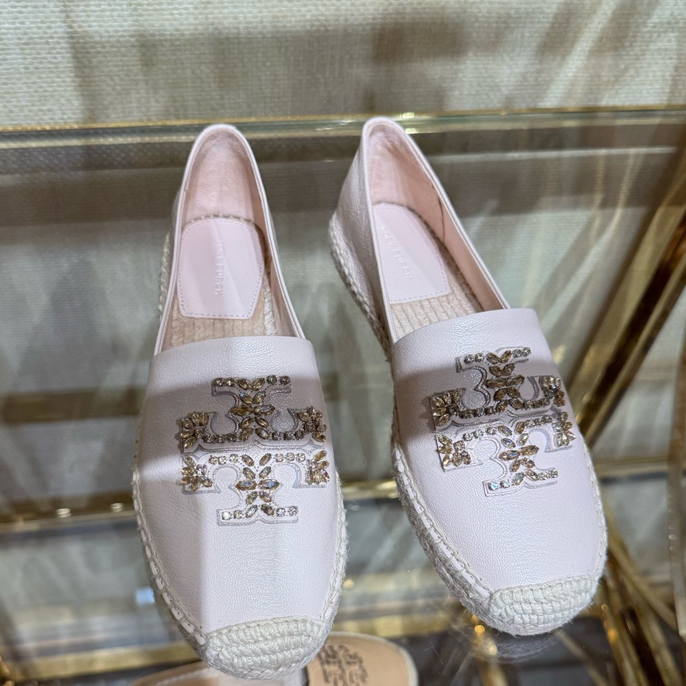 Tory Burch T-Logo Crystal Logo Leather Espadrille Flat Shoes